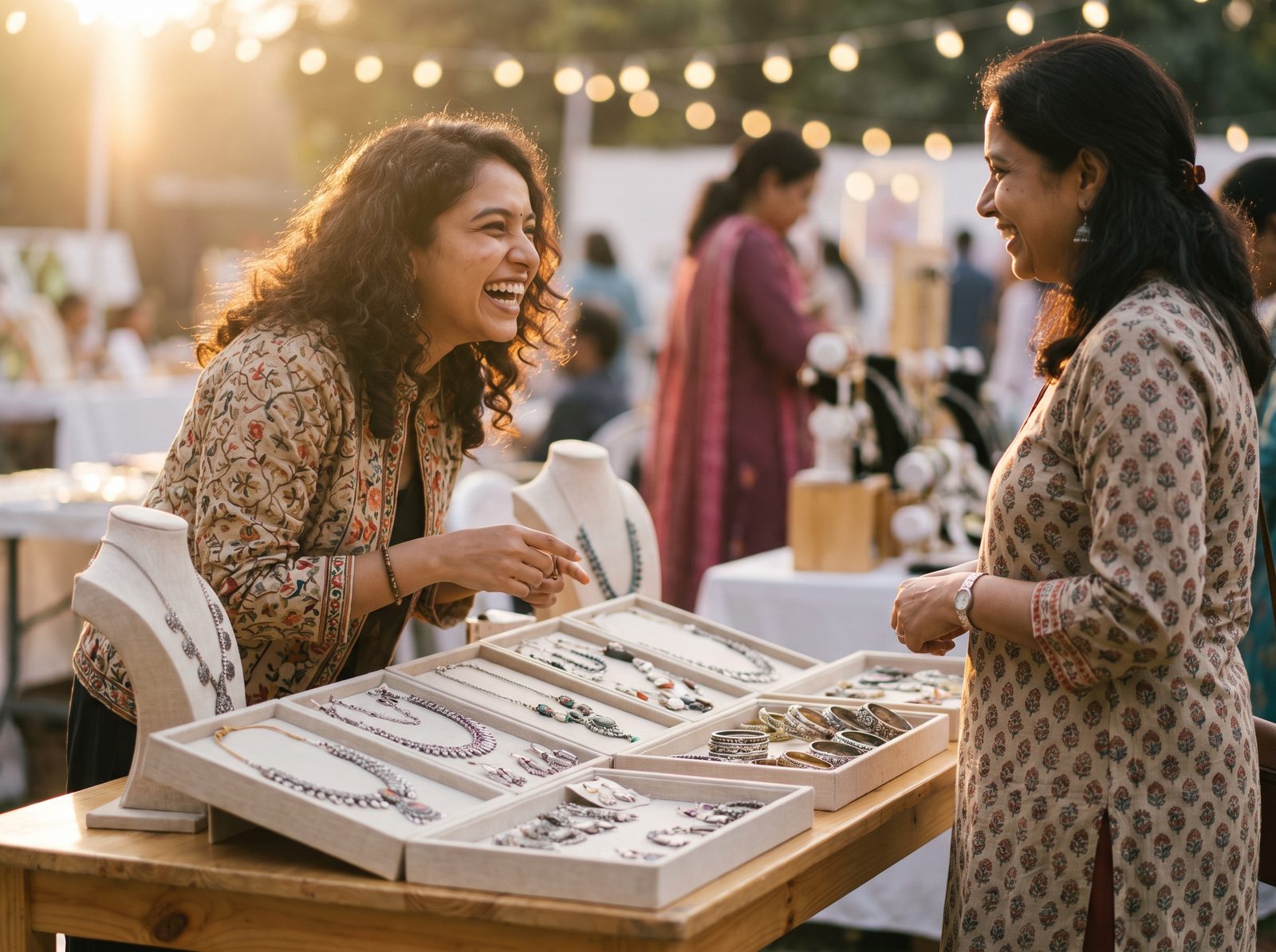 Founder at her exhibition stall with a customer