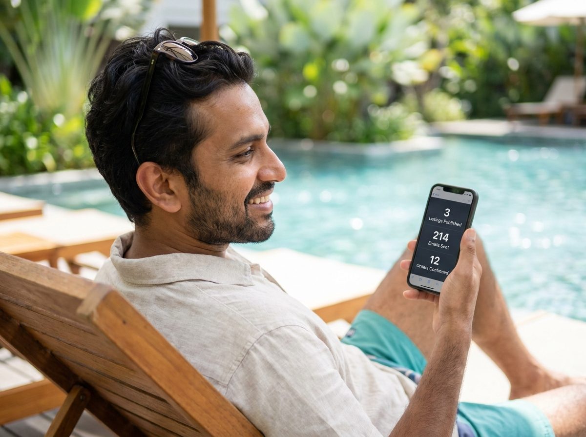 Founder on vacation checking completed agent work
